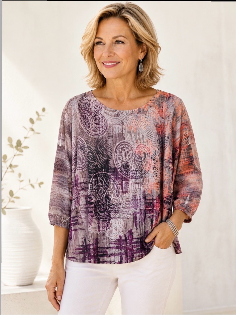 Chico’s Paisley Abstract Print Embellished 3/4 Sleeve Top Purple Size 2/Large